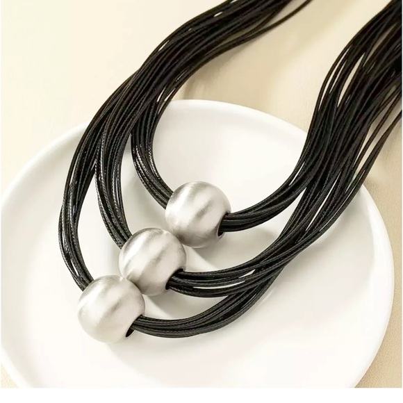 Multilayer Silver Black Ball Statement Necklace - Picture 8 of 9